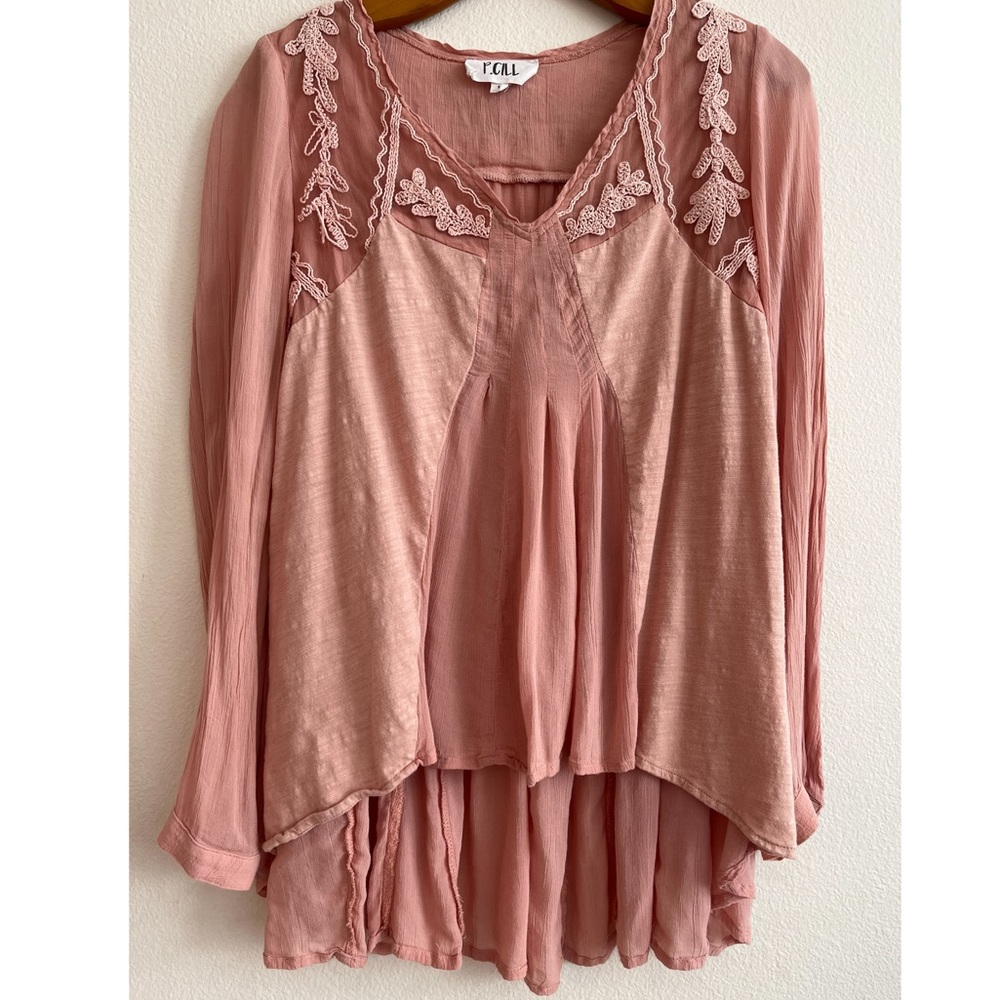 P.CILL Pink High Low Long Sleeves Embroidered Loose Fit Flare Tunic Size M